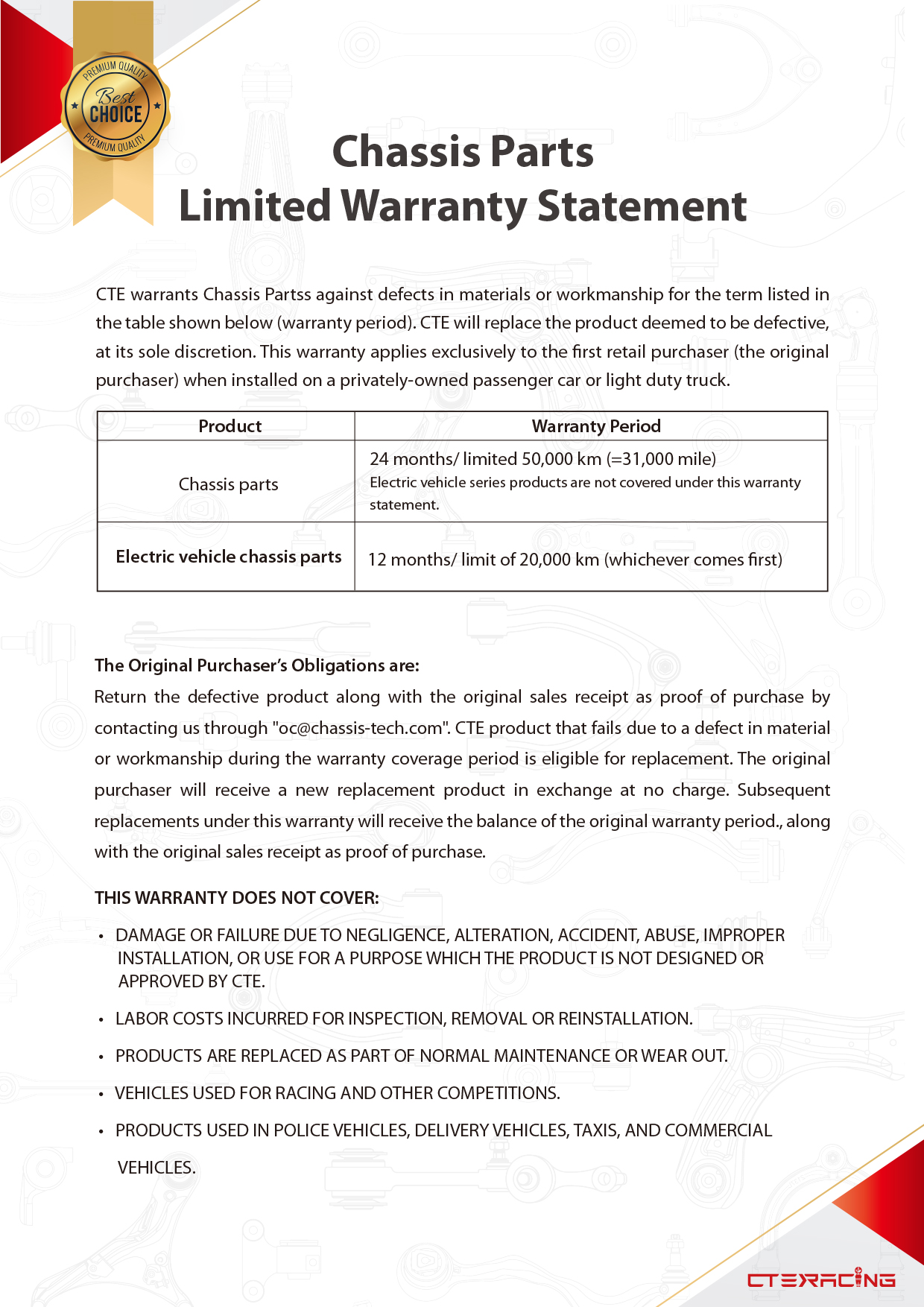 FM0848 Chassis parts limited warranty statement